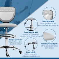 Vinsetto Ergonomischer Mesh-Bürostuhl, Zeichenstuhl, höhenverstellbar und mit Fußstützen, 59 B x 59 T x 106-126 H cm, Hellgrau(m-4)