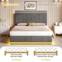 Ottoman Double Bed with PU Leather Finish, LED Lighting, Hydraulic Storage Bed with Adjustable Headboard, 193L x 142W x 111H cm, Grey(m-4)