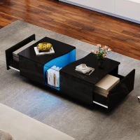 Modern High Gloss Coffee Table with 2 Storage Drawers, Unique Shape Centre Table with Customisable LED Lights, 100L x 50W x 35H cm, Black(m-7)
