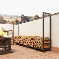 Outsunny Leñero Exterior Metálico de Chimenea Soporte para Leña con Cubierta Impermeable y Cadenas de Acero 235x31x116 cm Negro(m-9)