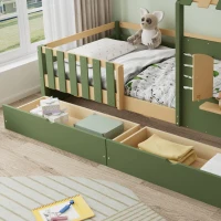 3ft Single Bed with 2 Storage Drawers, Safety Guardrail, Children's Wooden Bed with Faux Roof Design, 197.5L x 97W x 166H cm, Green+Natural(m-9)