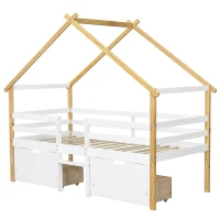 3ft Children's Bed with 2 Storage Drawers, Safety Guardrail, MDF and Pinewood Frame, Roof Design, 201.5L x 95W x 212H cm, White+Natural(m-13)