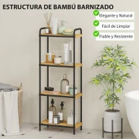 HOMCOM Estantería de Baño de Bambú con 4 Baldas Abiertas Diseño de Lamas y Estructura de Acero 41,5x21,5x106 cm Natural(m-5)