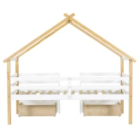 3ft Children's Bed with 2 Storage Drawers, Safety Guardrail, MDF and Pinewood Frame, Roof Design, 201.5L x 95W x 212H cm, White+Natural(m-15)