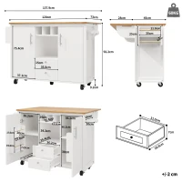 Kitchen Island Trolley with Folding Worktop, Adjustable Shelves, Wine Rack, Utility Cart with Towel and Spice Racks, 138L x 73W x 92H cm, White(m-3)