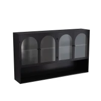 Armadietto a muro con quattro ante in vetro e ripiano, per cucina, soggiorno, bagno, 120x23x70 cm, Nero(m-10)
