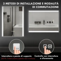 HOMCOM Specchio da Bagno con Luce LED a 3 Colori e Funzione Memory, in Vetro Temperato, 70x50x3 cm, Argento(m-8)