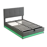 Ottoman Double Bed with PU Leather Finish, LED Lighting, Hydraulic Storage Bed with Adjustable Headboard, 193L x 142W x 111H cm, Grey(m-9)