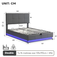 Ottoman Double Bed with PU Leather Finish, LED Lighting, Hydraulic Storage Bed with Adjustable Headboard, 193L x 142W x 111H cm, Grey(m-3)