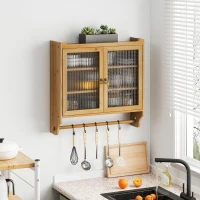 Armoire murale avec portes en verre, espace de rangement à trois niveaux et porte-serviettes, pour salle de bain, cuisine, salle à manger, 63x18x60 cm, Couleur naturelle(m-1)