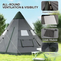 Outsunny 6 Men Tipi Tent with Carry Bag - Grey(m-5)