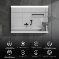 HOMCOM Specchio da Bagno con Luce LED a 3 Colori e Funzione Memory, in Vetro Temperato, 70x50x3 cm, Argento(m-4)