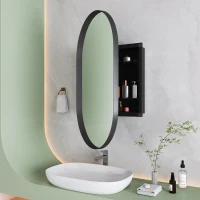 Armadio a specchio ovale da parete, armadietto con specchio e spazio interno per bagno, soggiorno e camera da letto, 85x51,5x12 cm, Nero(m-4)