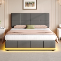 Ottoman Double Bed with PU Leather Finish, LED Lighting, Hydraulic Storage Bed with Adjustable Headboard, 193L x 142W x 111H cm, Grey