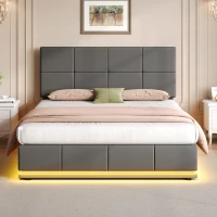 Ottoman Double Bed with PU Leather Finish, LED Lighting, Hydraulic Storage Bed with Adjustable Headboard, 193L x 142W x 111H cm, Grey(m-1)