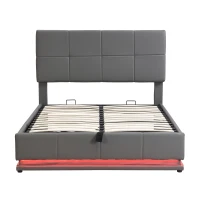 Ottoman Double Bed with PU Leather Finish, LED Lighting, Hydraulic Storage Bed with Adjustable Headboard, 193L x 142W x 111H cm, Grey(m-2)