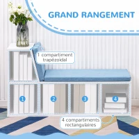 HOMCOM Bibliothèque banc 2 en 1 avec 5 compartiments de rangement et 2 coussins 108 x 30 x 60 cm blanc bleu(m-5)