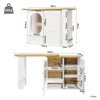 360° Rotating Bar Table with Storage Shelves, Metal Handles, Multi-Functional Dining Table and Sideboard, 204L x 39W x 105H cm, White(m-3)