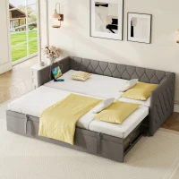 Upholstered Daybed with USB and Type-C Ports, Button-Tufted Pull-out Trundle Bed for Bedroom, Study Room, 206L x 193W x 71H cm, Grey(m-1)
