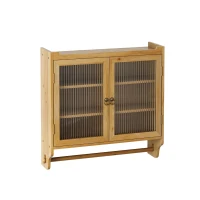 Armoire murale avec portes en verre, espace de rangement à trois niveaux et porte-serviettes, pour salle de bain, cuisine, salle à manger, 63x18x60 cm, Couleur naturelle(m-2)