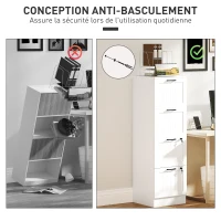 HOMCOM Caisson bureau, meuble rangement bois 4 tiroirs et serrure, barres de suspension réglables, 40 x 40 x 131 cm, blanc(m-7)