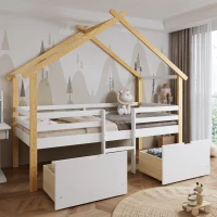 3ft Children's Bed with 2 Storage Drawers, Safety Guardrail, MDF and Pinewood Frame, Roof Design, 201.5L x 95W x 212H cm, White+Natural(m-1)