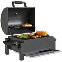 Outsunny Kohlegrill mit Deckel, Warmhalterost, Aschefach, Thermometer, rostfrei, 67 x 53 x 55cm, Schwarz/Rot(m-10)