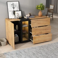 Modern Sideboard with 3 Drawers, LED Lighting, Storage Cabinet with Adjustable Glass Shelves, 140L x 40W x 80H cm, Black+Brown(m-7)