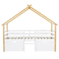 3ft Children's Bed with 2 Storage Drawers, Safety Guardrail, MDF and Pinewood Frame, Roof Design, 201.5L x 95W x 212H cm, White+Natural(m-2)