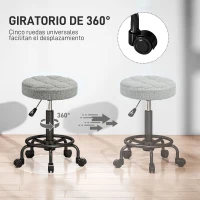 HOMCOM Taburete Giratorio Redondo Taburete con Ruedas Altura Regulable 50-66 cm Asiento Tapizado en Tejido de Borreguito Gris(m-6)
