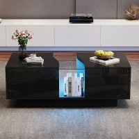 Modern High Gloss Coffee Table with 2 Storage Drawers, Unique Shape Centre Table with Customisable LED Lights, 100L x 50W x 35H cm, Black(m-6)