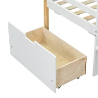 3ft Children's Bed with 2 Storage Drawers, Safety Guardrail, MDF and Pinewood Frame, Roof Design, 201.5L x 95W x 212H cm, White+Natural(m-12)