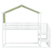 3ft Bunk Bed with Decorative Canopy, Corner Staircase, Picture Bookshelf, MDF and Pinewood Frame, 250L x 108W x 228.5H cm, White+Green(m-2)