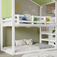 3ft Bunk Bed with Decorative Canopy, Corner Staircase, Picture Bookshelf, MDF and Pinewood Frame, 250L x 108W x 228.5H cm, White+Green(m-8)