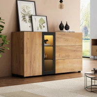 Modern Sideboard with 3 Drawers, LED Lighting, Storage Cabinet with Adjustable Glass Shelves, 140L x 40W x 80H cm, Black+Brown(m-1)