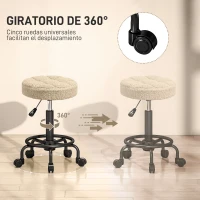 HOMCOM Taburete Giratorio Redondo Taburete con Ruedas Altura Regulable 50-66 cm Asiento Tapizado en Tejido de Borreguito Marrón(m-6)
