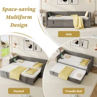 Upholstered Daybed with USB and Type-C Ports, Button-Tufted Pull-out Trundle Bed for Bedroom, Study Room, 206L x 193W x 71H cm, Grey(m-4)