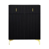 Elegant Sideboard with Adjustable Shelves, Gold-Plated Details, Shoe Cabinet with Push-to-Open Design, 83L x 35W x 101H cm, Black(m-2)