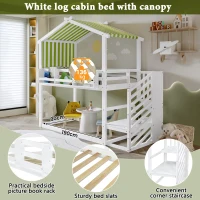 3ft Bunk Bed with Decorative Canopy, Corner Staircase, Picture Bookshelf, MDF and Pinewood Frame, 250L x 108W x 228.5H cm, White+Green(m-4)