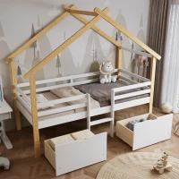 3ft Children's Bed with 2 Storage Drawers, Safety Guardrail, MDF and Pinewood Frame, Roof Design, 201.5L x 95W x 212H cm, White+Natural(m-6)