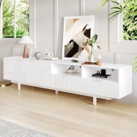 Modern Bohemian TV Entertainment Center with Cabinet and Drawers, Geometric Lines TV Stand for 90 Inch TVs, 200L x 40W x 51H cm, White