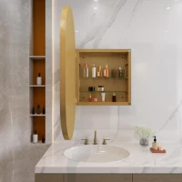 Armadio a specchio ovale da parete, armadietto con specchio e spazio interno per bagno, soggiorno e camera da letto, 85x51,5x12 cm, Oro(m-5)