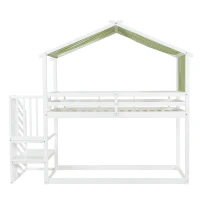 3ft Bunk Bed with Decorative Canopy, Corner Staircase, Picture Bookshelf, MDF and Pinewood Frame, 250L x 108W x 228.5H cm, White+Green(m-14)