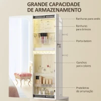 HOMCOM Espelho com Arrumação para Joias Luzes LED Armário para Joias com Rotação de 360° e Fecho com Chave 37x40x165,5 cm Branco(m-6)