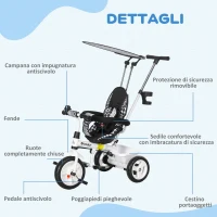 HOMCOM Triciclo per Bambini con Maniglione di Spinta, Tettuccio, Barra di Sicurezza e Box, 105x47x89 cm, Bianco e Nero(m-7)