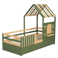 3ft Single Bed with 2 Storage Drawers, Safety Guardrail, Children's Wooden Bed with Faux Roof Design, 197.5L x 97W x 166H cm, Green+Natural(m-13)
