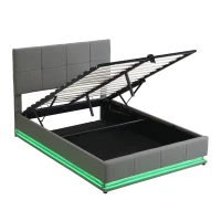 Ottoman Double Bed with PU Leather Finish, LED Lighting, Hydraulic Storage Bed with Adjustable Headboard, 193L x 142W x 111H cm, Grey(m-10)