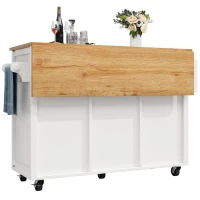 Kitchen Island Trolley with Folding Worktop, Adjustable Shelves, Wine Rack, Utility Cart with Towel and Spice Racks, 138L x 73W x 92H cm, White(m-12)