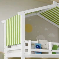 3ft Bunk Bed with Decorative Canopy, Corner Staircase, Picture Bookshelf, MDF and Pinewood Frame, 250L x 108W x 228.5H cm, White+Green(m-7)