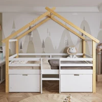 3ft Children's Bed with 2 Storage Drawers, Safety Guardrail, MDF and Pinewood Frame, Roof Design, 201.5L x 95W x 212H cm, White+Natural(m-5)